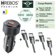 Carregador Veicular Turbo Duplo | Tipo C 30w + USB 18w | Android iOS iPhone Lightning NFe Anatel