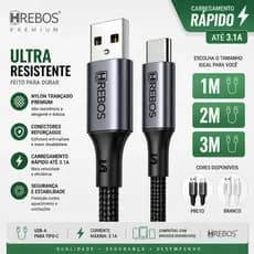 Hrebos Cabo USB-A para Tipo C USB-C Trançado 1m 2m 3m 60W Iphon 15 16 17 Android Preto Branco