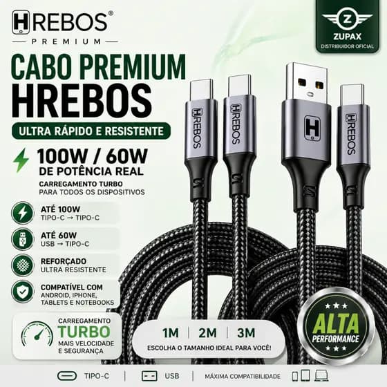 Cabo Tipo C 100W | USB p/ Tipo C 60W | Turbo 1m 2m 3m | Android, iPhon 15 16 17 Tablet Notebook