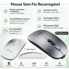 Mouse Sem Fio Recarregável Bluetooth e Pino USB DPI Ajustável Ergonômico Compacto