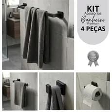 Kit Acessórios Banheiro 4 Peças Aço Inox 304 Preto – Toalheiro, Papeleira, Gancho, Porta Toalha