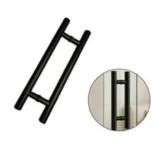 Puxador Inox Preto Tubular 45cm Porta Vidro Madeira 30cm