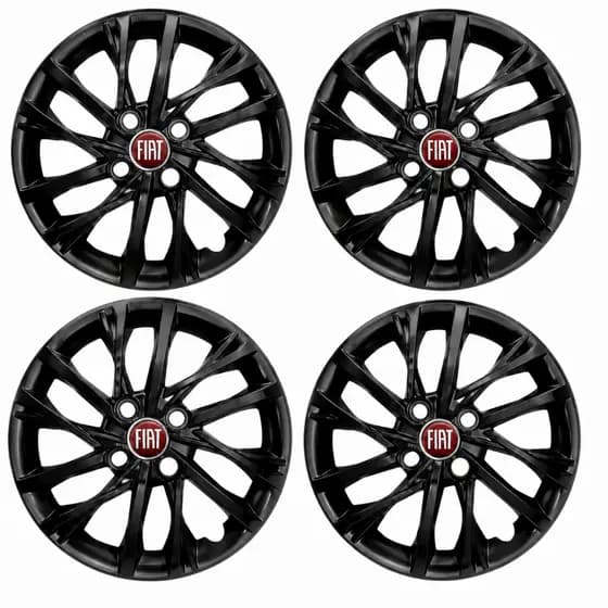 Jogo 4 Calotas Fiat Pulse Argo Cronos Palio Aro 14  Preto Brilhante Cubo Baixo 4 emblemas Fiat