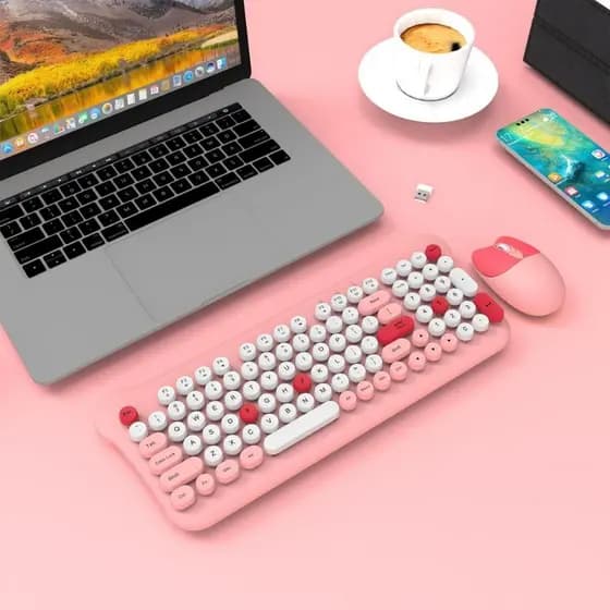 Kit Teclado e Mouse Sem Fio Semi-Mecânico Feminino Estilo Gatinho Fofo Promoção Envio Rápido