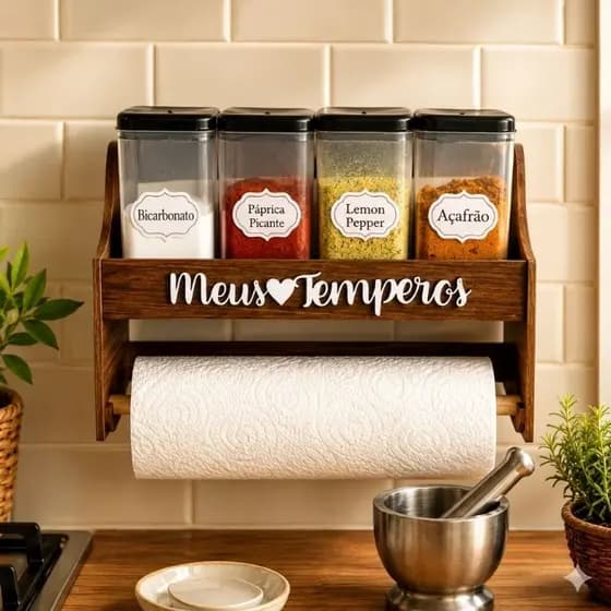 Porta Temperos Parede com Suporte para Papel Toalha MDF Pintado com 4 Porta Condimentos + Adesivos