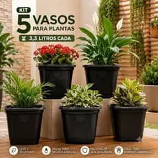 Kit 5 Vasos Para Plantas 3,3 Litros Quadrado Plástico Resistente Flores Jardim Temperos