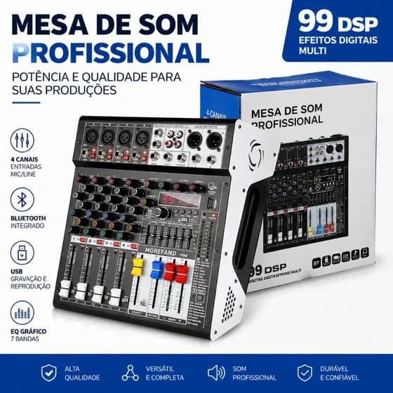 Mesa de Som Profissional 8 Canais com Bluetooth e Display LED