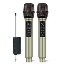 Microfone Sem Fio MOREFAND UHF Dourado Champanhe (2 Unidades) | Efeito ECHO, Tela LED, Canal Ajustável, Anti-Interferênc