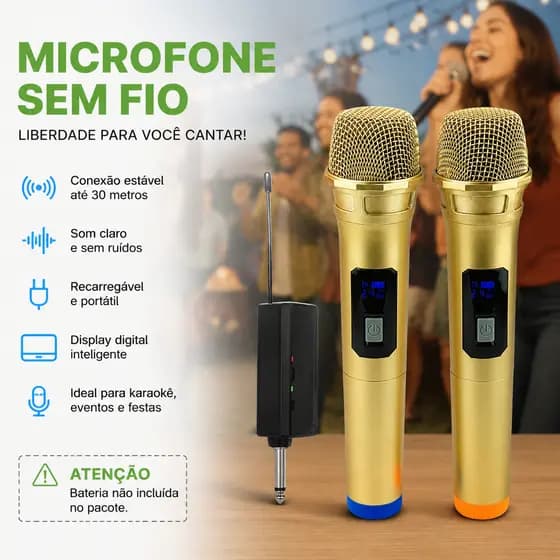 Microfone Sem Fio Duplo Dourado 2 （Versão sem bateria）30m Qualidade de Áudio para Karaokê Festas Eventos