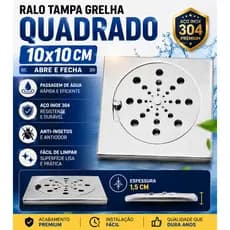 Ralo Grelha Quadrado 10x10cm Aço Inox Banheiro Quintal Residencial Prático