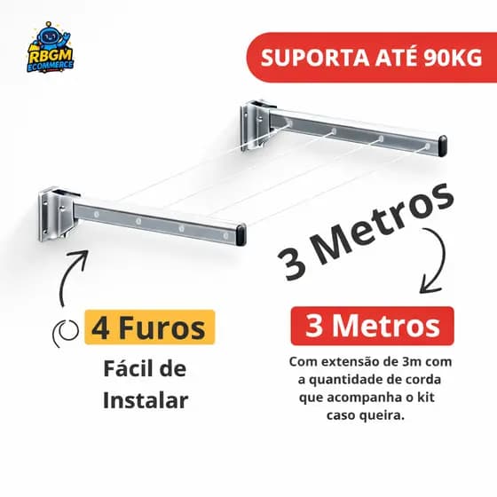 Kit Varal Completo Alumínio Reforçado Retrátil Parede 4 Cordas Suporta 90kg Dobrável Expansível 3m