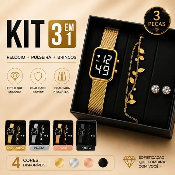 Relógio Led Feminino + Pulseira Feminina + Brinco