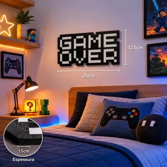 Placa Decorativa Pixel Game Over Letreiro Para Quarto Gamer