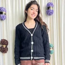 Casaco Feminino Tricot Manga Longa Cardigan Listra Blusa de Frio Trico Com Botões Moda Outono