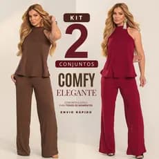 Kit 2 Conjuntos Feminino Calça e Blusa Malha Canelada Casual Chique Elegante Comfy Premium Soltinho