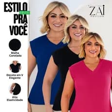 Blusa T-Shirt Feminina Plus Size Deconte V Casual Dia a Dia Confortável Leve Premium Do G1 ao G3