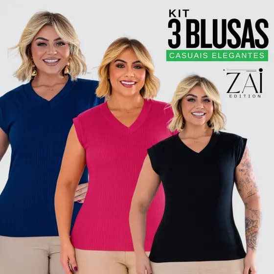 Kit 3 Blusas T-Shirt Plus Size Ribana Canelada Leve Confortável Fresca Casual Dia a Dia Premium
