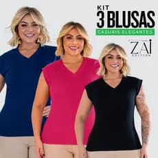 Kit 3 Blusas T-Shirt Plus Size Ribana Canelada Leve Confortável Fresca Casual Dia a Dia Premium