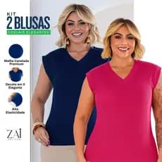 Kit 2 Blusas Plus Size Decote V Manga Japonesa Canelada Confortavél Dia a Dia Básica Leve Fresca