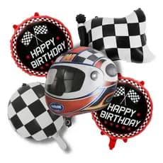 Kit 5 Balões Metalizados Tema Corrida 18" (45 cm) – Capacete, Bandeira Happy Birthday Festa Infantil