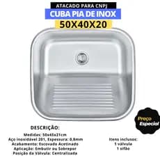 Tanque Inox 50x45x21cm De Sobrepor 27 litros Acabamento Escovado