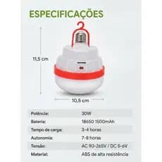 Lâmpada LED Recarregável 30W Emergência Bivolt Camping Portátil COD XK-3830