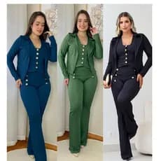 Conjunto Feminino 3 Pecas Blazer,Cropped e Calça no Tecido Jacquard