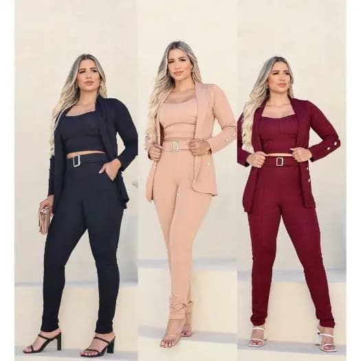 Conjunto 3PecasFeminino MaxBlazer;Calca con Cinto e Cropped