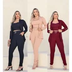 Conjunto 3PecasFeminino MaxBlazer;Calca con Cinto e Cropped