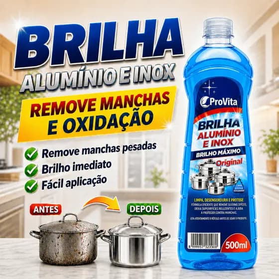 Limpa Alumínio e Inox ProVita 500ml Brilha Panelas Fogão Utensílios Remove Crostas Manchas Gordura
