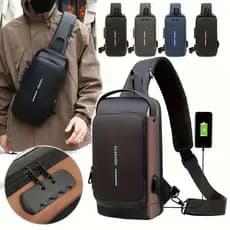 Bolsa Mochila De Peito Masculina À Prova D'água Com Trava De Código Usb Alta Qualidade