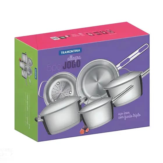 JOGO DE PANELAS TRAMONTINA 65650/280 ALLEGRA EM AÇO INOX COM FUNDO TRIPLO E TAMPAS DE INOX 5 PEÇAS