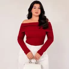 Blusa Feminina Ombro a Ombro Manga Longa Ribana Canelada Inverno