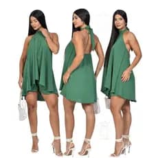 Conjunto Feminino Frente Única Vestido Macaquinho Soltinho Com Decote nas Costa Tendência Gola Alta