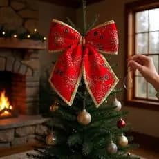 Laço Veludo Luxo Grande 30 Centimetros Vermelho Com Detalhes Dourado Decoração Arvore Natal Enfeite