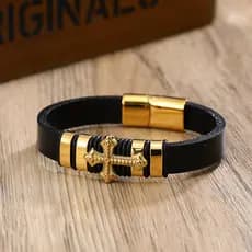 Pulseira de couro mais vendida internacionalmente com cruz e âncora, pulseira masculina entrelaçada em aço inoxidável co