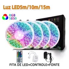 Fita LED 5050 RGB 5m/10m/15m Kit Completo c/  44 Key IR Controle e Fonte Para Quarto TV Sala Com luz Branca