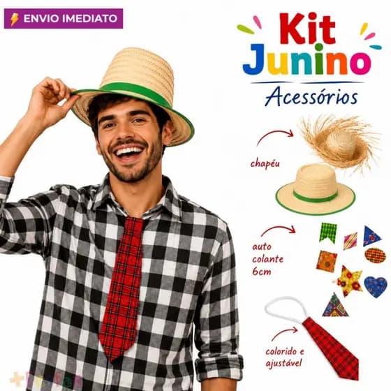 Fantasia Festa Junina Masculina Chapéu Infantil Adulto +Gravata + Remendo Adesivo Quadrilha São João