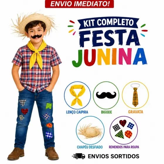 Kit Look Fantasia Roupa Junina Caipira Completo Festa Quadrilha Menino Infantil Arraial Escola