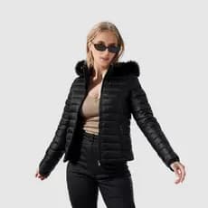 Jaqueta Puffer Forrada Apeluciada com Capuz Feminina