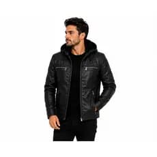 Jaqueta Masculina Couro Ecológico Forrada Inverno com Capuz Removível Motoqueiro