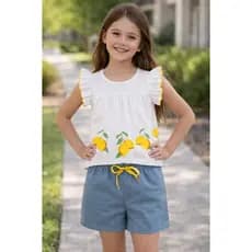 Conjunto Infantil Limão - Blusa Meia Malha e Bermuda Moletinho.