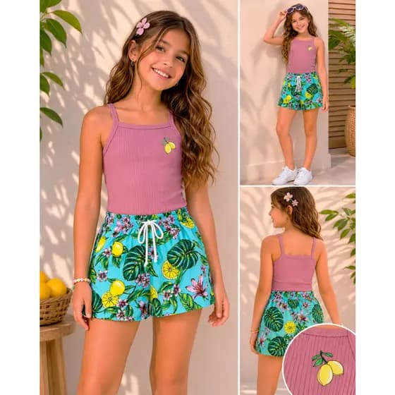 Conjunto Infantil Menina Verão Blusa de Alça com Estampa Limão e Bermuda Meia Malha Estampada