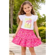 Conjunto Infantil Verão Blusa Meia Malha Estampa Tropical e Saia Poliflex Estampada Roupa Infantil