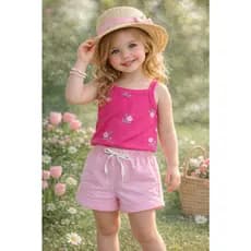 Conjunto Infantil Verão Blusa Canelada de Alça com Estampa Florzinha e Bermuda Moletinho