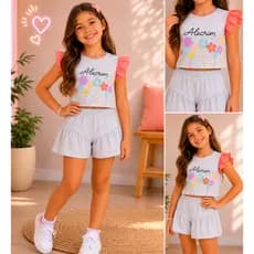 Conjunto Infantil Estampa Alecrim Blusa Manga Franzida e Bermuda com Recorte e Franzido