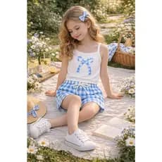 Conjunto Infantil Menina Verão Blusa de Alça com Estampa Laço e Bermuda Meia Malha Xadrez