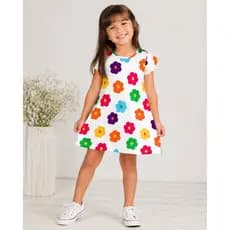 Vestido Infantil Menina Manga Curta Borboleta Estampa Floral Branco Decote Redondo