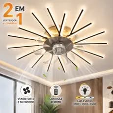 Ventilador de Teto Turbo Silencioso 100W 7 Pás LED 3 Cores Controle Remoto Função Timer Bivolt