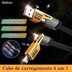 Cabo 4 em 1 Carregamento Rápido PD 65W Conectores Metálicos Nylon Trançado Compatível com Android e iOS